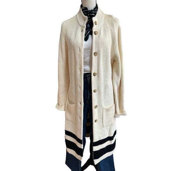Ralph Lauren Women’s Long Knit Cardigan Coat Duster Sweater Jacket L Cream Black - Picture 1 of 4